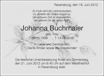 Anzeige von Johanna Buchmaier von Schwäbische Zeitung
