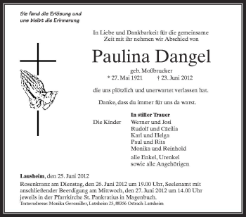 Anzeige von Paulina Dangel von Schwäbische Zeitung