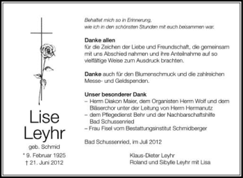 Anzeige von Lise Leyhr von Schwäbische Zeitung