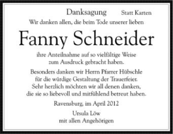 Anzeige von Fanny Schneider von Schwäbische Zeitung