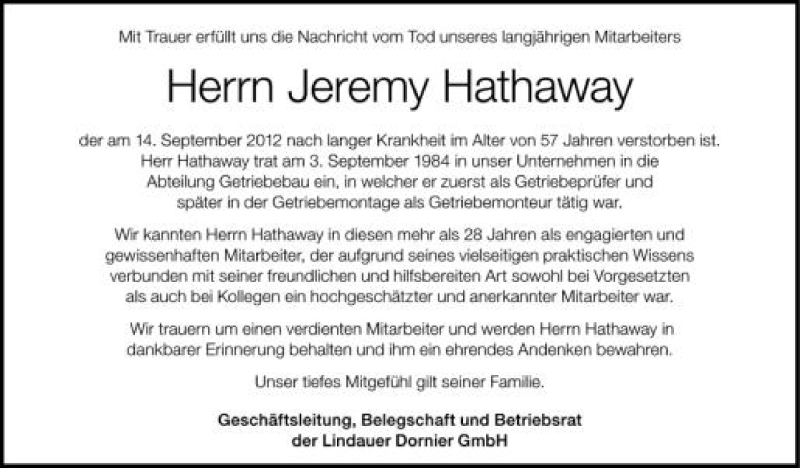  Traueranzeige für Jeremy Hathaway vom 20.09.2012 aus Schwäbische Zeitung