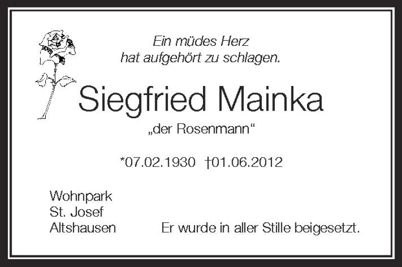  Traueranzeige für Siegfried Mainka vom 05.07.2012 aus Schwäbische Zeitung