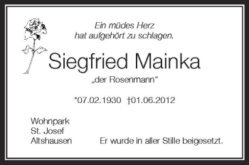 Anzeige von Siegfried Mainka von Schwäbische Zeitung