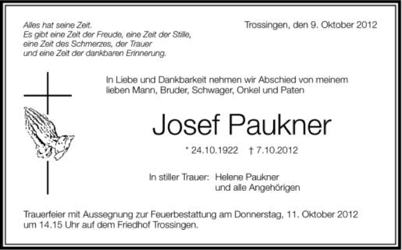  Traueranzeige für Josef Paukner vom 09.10.2012 aus Schwäbische Zeitung