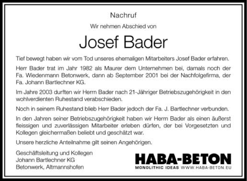  Traueranzeige für Josef Bader vom 06.07.2012 aus Schwäbische Zeitung