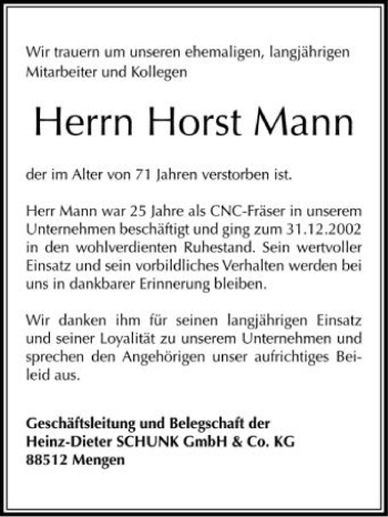 Anzeige von Horst Mann von Schwäbische Zeitung