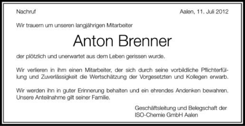 Traueranzeige für Anton Brenner vom 11.07.2012 aus Schwäbische Zeitung