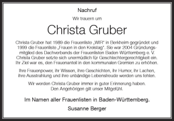 Anzeige von Christa Gruber von Schwäbische Zeitung
