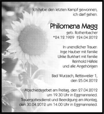 Anzeige von Philomena Magg von Schwäbische Zeitung