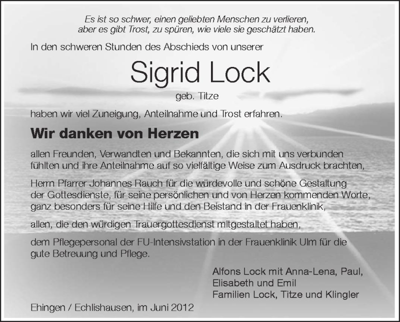  Traueranzeige für Sigrid Lock vom 14.06.2012 aus Schwäbische Zeitung
