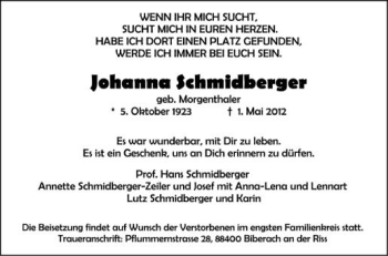 Anzeige von Johanna Schmidberger von Schwäbische Zeitung