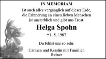 Anzeige von Helga Spohn von Schwäbische Zeitung
