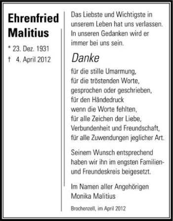 Anzeige von Ehrenfried Malitius von Schwäbische Zeitung