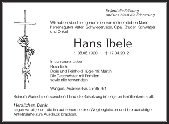 Anzeige von Hans Ibele von Schwäbische Zeitung