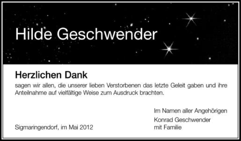  Traueranzeige für Hilde Geschwender vom 09.05.2012 aus Schwäbische Zeitung