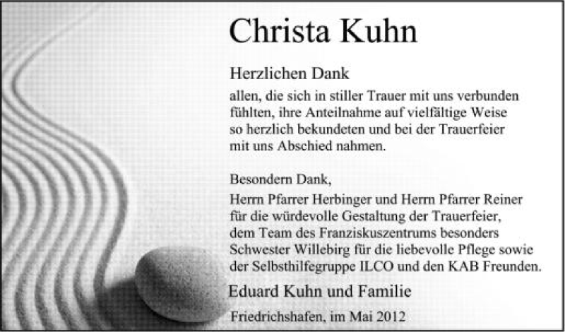  Traueranzeige für Christa Kuhn vom 26.05.2012 aus Schwäbische Zeitung