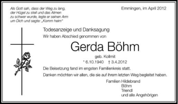 Anzeige von Gerda Böhm von Schwäbische Zeitung