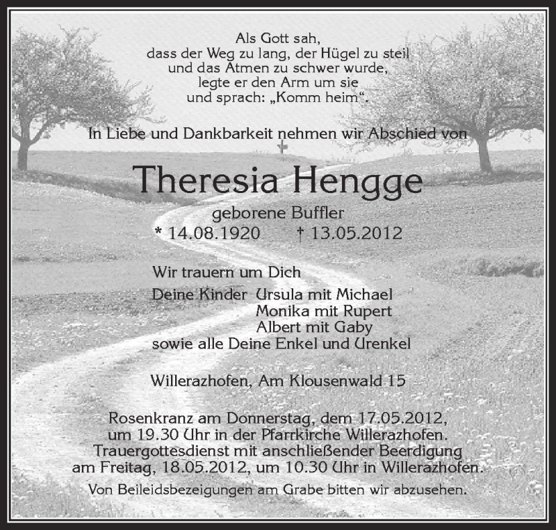  Traueranzeige für Theresia Hengge vom 16.05.2012 aus Schwäbische Zeitung