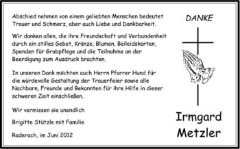 Anzeige von Irmgard Metzler von Schwäbische Zeitung