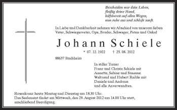 Anzeige von Johann Schiele von Schwäbische Zeitung