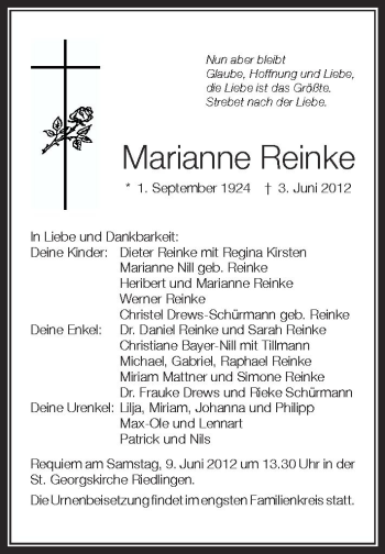 Anzeige von Marianne Reinke von Schwäbische Zeitung