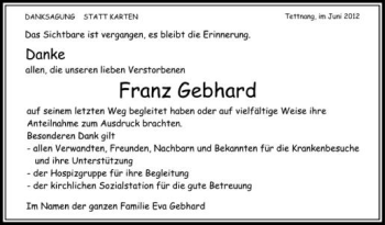Anzeige von Franz Gebhard von Schwäbische Zeitung
