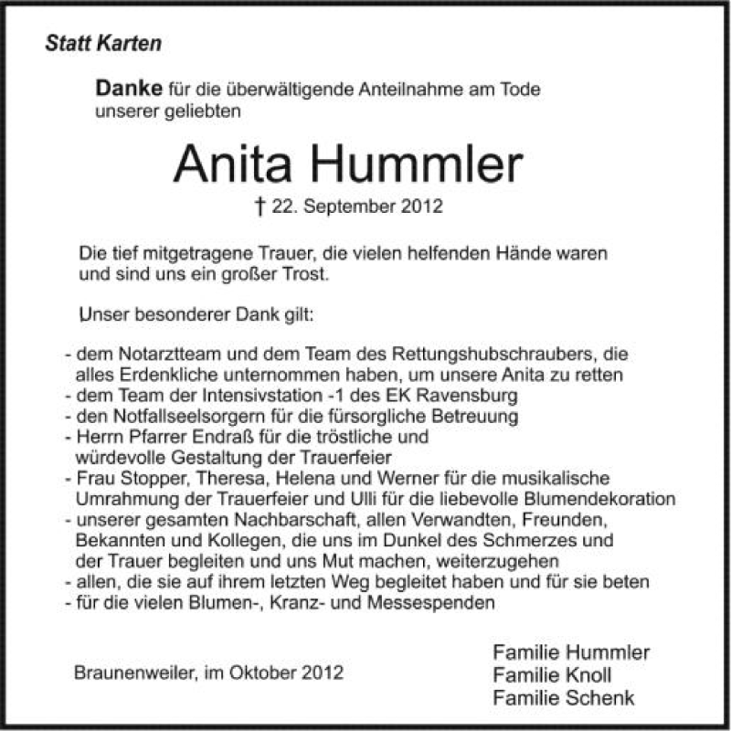  Traueranzeige für Anita Hummler vom 10.10.2012 aus Schwäbische Zeitung