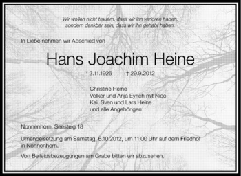 Anzeige von Hans Joachim Heine  von Schwäbische Zeitung