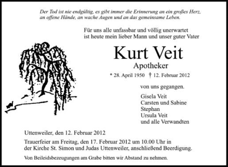  Traueranzeige für Kurt Veit vom 16.02.2012 aus Schwäbische Zeitung