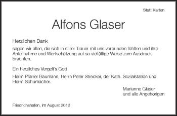 Anzeige von Alfons Glaser von Schwäbische Zeitung