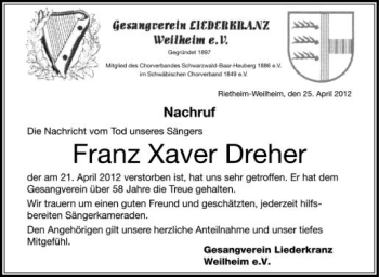 Anzeige von Franz Xaver Dreher von Schwäbische Zeitung