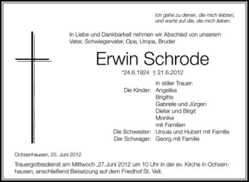 Anzeige von Erwin Schrode von Schwäbische Zeitung