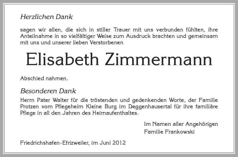  Traueranzeige für Elisabeth Zimmermann vom 09.06.2012 aus Schwäbische Zeitung