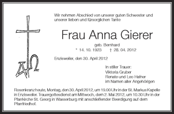 Anzeige von Anna Gierer von Schwäbische Zeitung