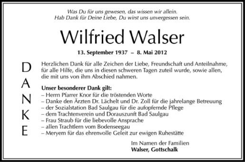  Traueranzeige für Wilfried Walser vom 08.06.2012 aus Schwäbische Zeitung