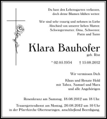 Anzeige von Klara Bauhofer von Schwäbische Zeitung