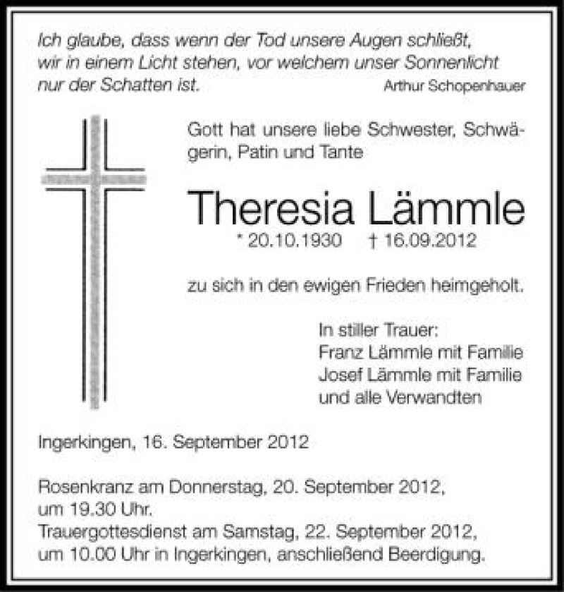  Traueranzeige für Theresia Lämmle vom 19.09.2012 aus Schwäbische Zeitung