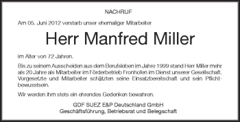 Anzeige von Manfred Miller von Schwäbische Zeitung