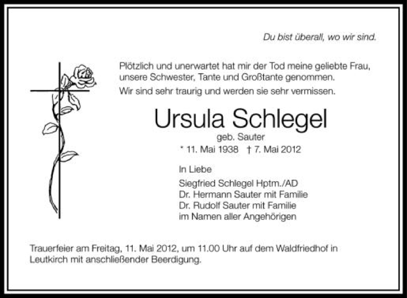  Traueranzeige für Ursula Schlegel vom 09.05.2012 aus Schwäbische Zeitung