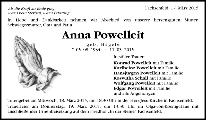  Traueranzeige für Anna Powelleit vom 17.03.2015 aus Schwäbische Zeitung