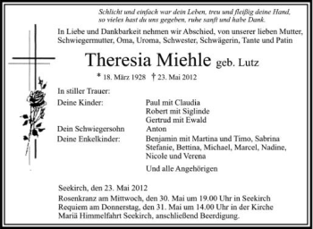 Anzeige von Theresia Miehle von Schwäbische Zeitung