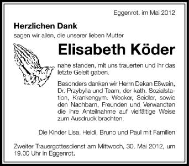  Traueranzeige für Elisabeth Köder vom 29.05.2012 aus Schwäbische Zeitung