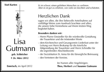 Anzeige von Lisa Gutmann von Schwäbische Zeitung