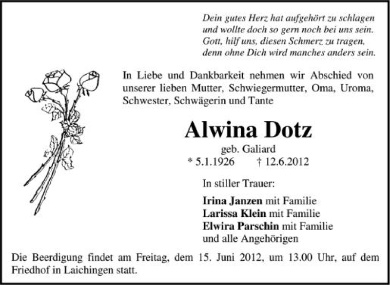  Traueranzeige für Alwina Dotz vom 14.06.2012 aus Schwäbische Zeitung