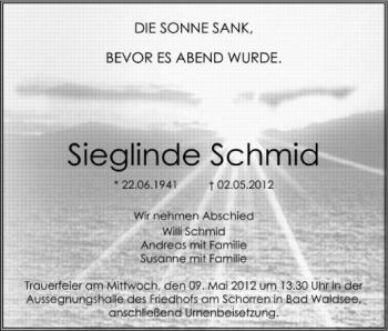 Anzeige von Sieglinde Schmid von Schwäbische Zeitung