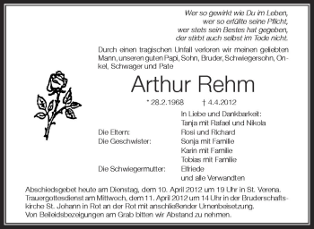 Anzeige von Arthur Rehm von Schwäbische Zeitung
