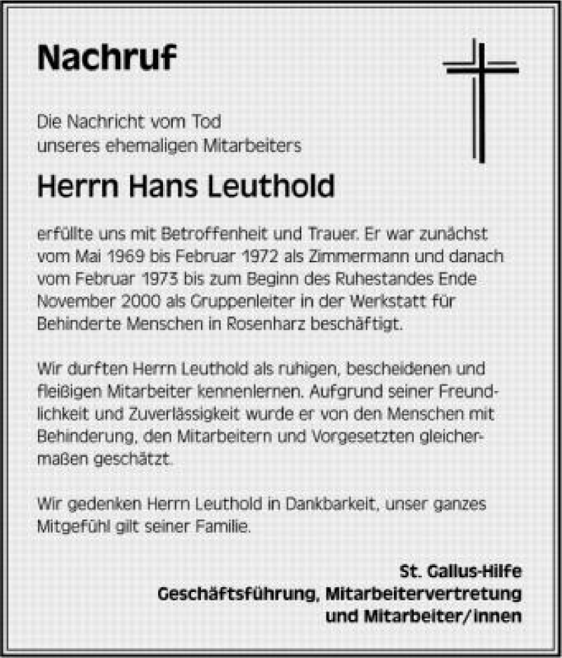  Traueranzeige für Hans Leuthold vom 13.06.2012 aus Schwäbische Zeitung