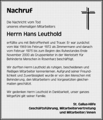 Anzeige von Hans Leuthold von Schwäbische Zeitung