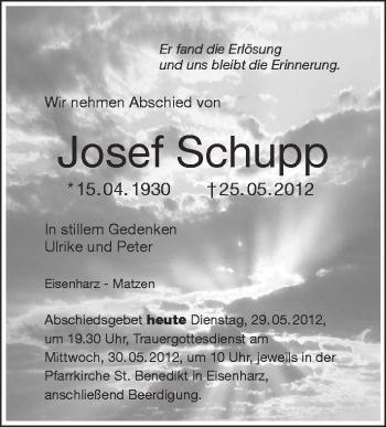 Anzeige von Josef Schupp von Schwäbische Zeitung
