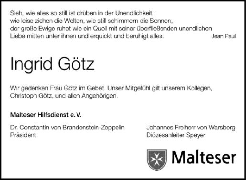  Traueranzeige für Ingrid Götz vom 04.07.2012 aus Schwäbische Zeitung